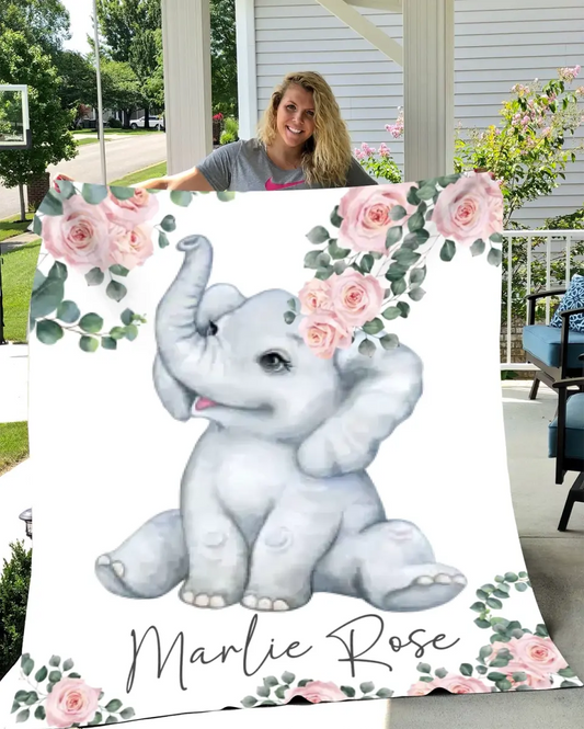 Elephant Roses | Personalized for a Girl | Velveteen Blanket