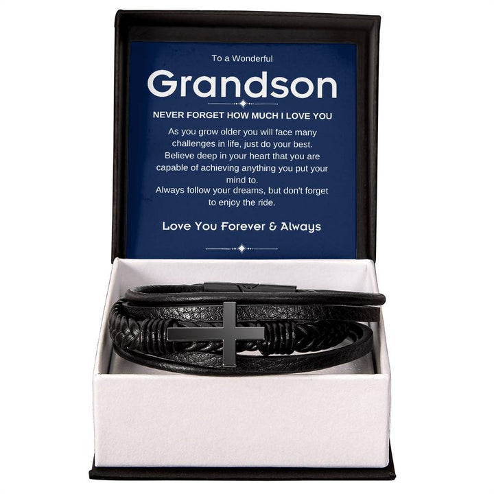 To A Wonderful Grandson| Enjoy the Ride | Vegan Cross Leather Bracelet